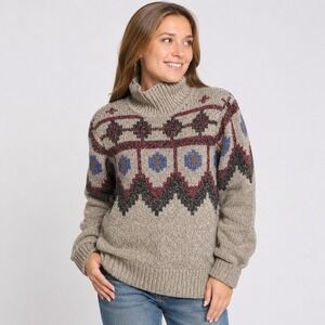 L.L. Bean Signature Sweater Women Medium Beige Fair Isle Mock Neck